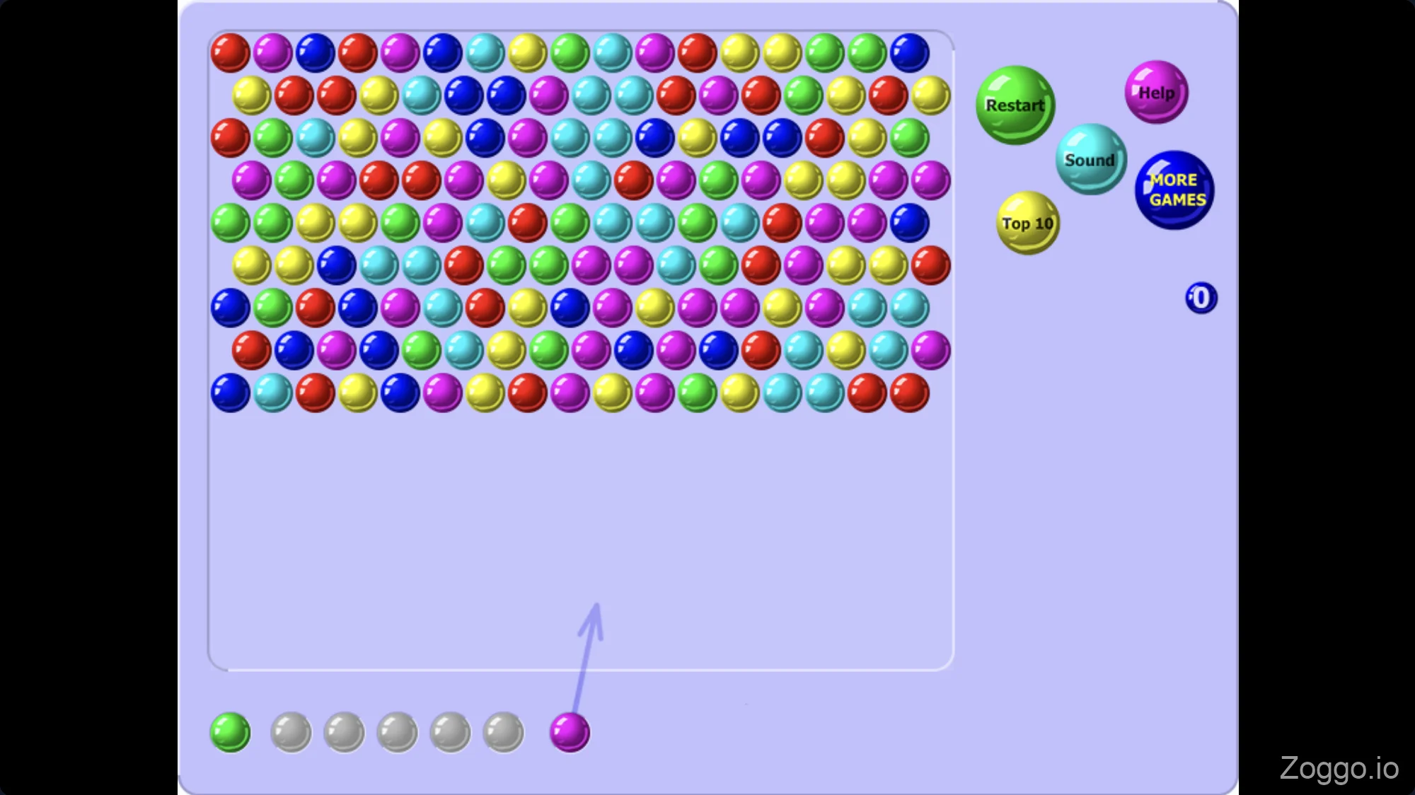 Classic Bubble Shooter board layout with nine rows of colorful bubbles