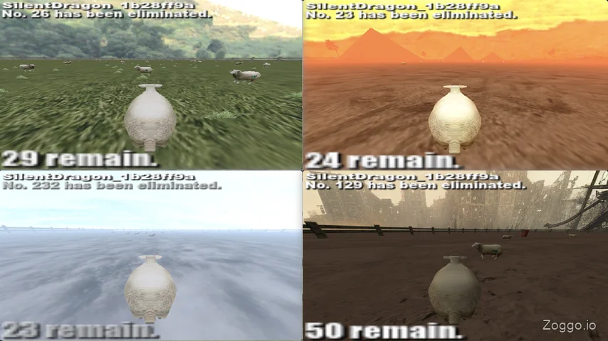 Split view of the four Crazy Cattle 3D arenas: Ireland's green hills, Egypt's desert, Sweden's icy plains, and the Warzone battlefield