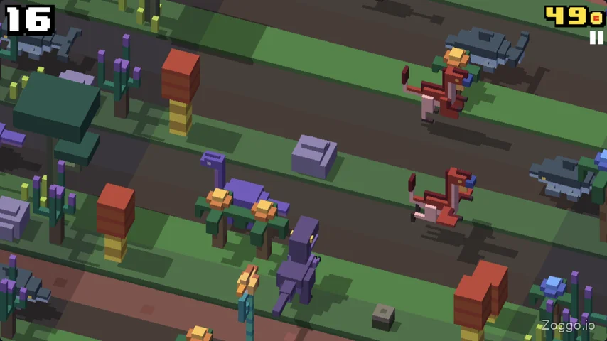Crossy Road dinosaur world theme with prehistoric environment