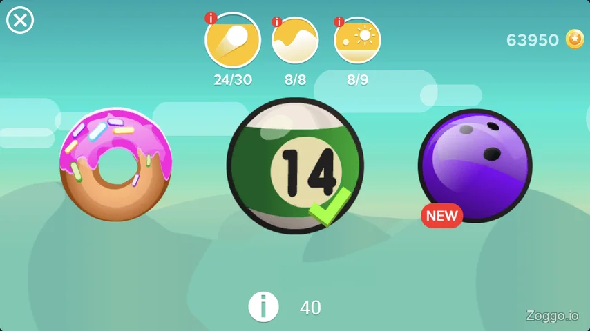 Curve Rush skin shop showing unlockable ball designs including a donut and bowling ball, with 24 of 30 skins unlocked