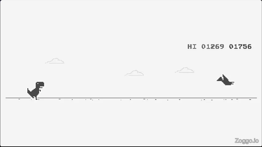 Pixel T-Rex ducking under a mid-height pterodactyl and immediately jumping over a cactus obstacle.