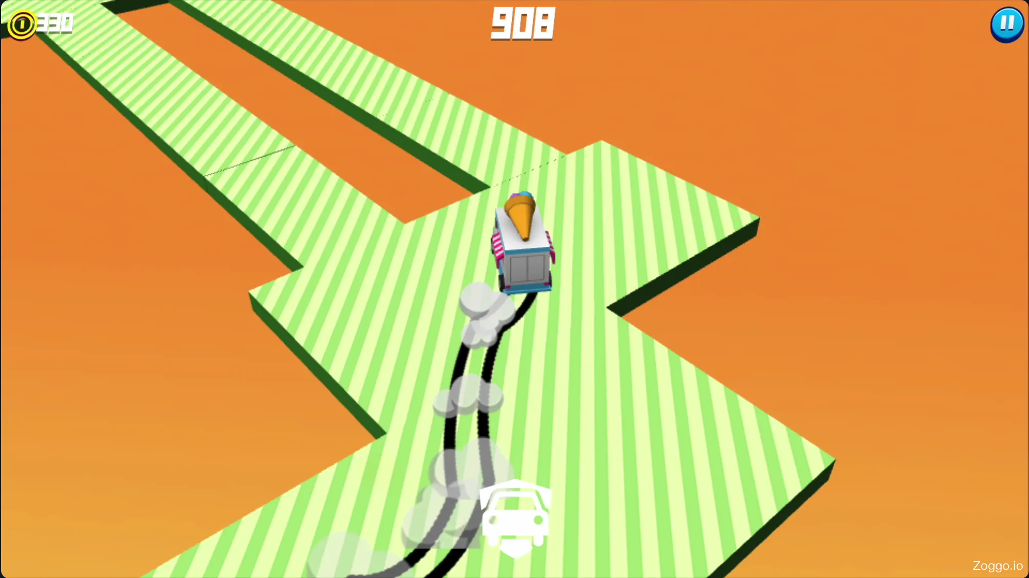 Drift Boss gameplay showing the Car Insurance booster saving the vehicle from falling off the edge