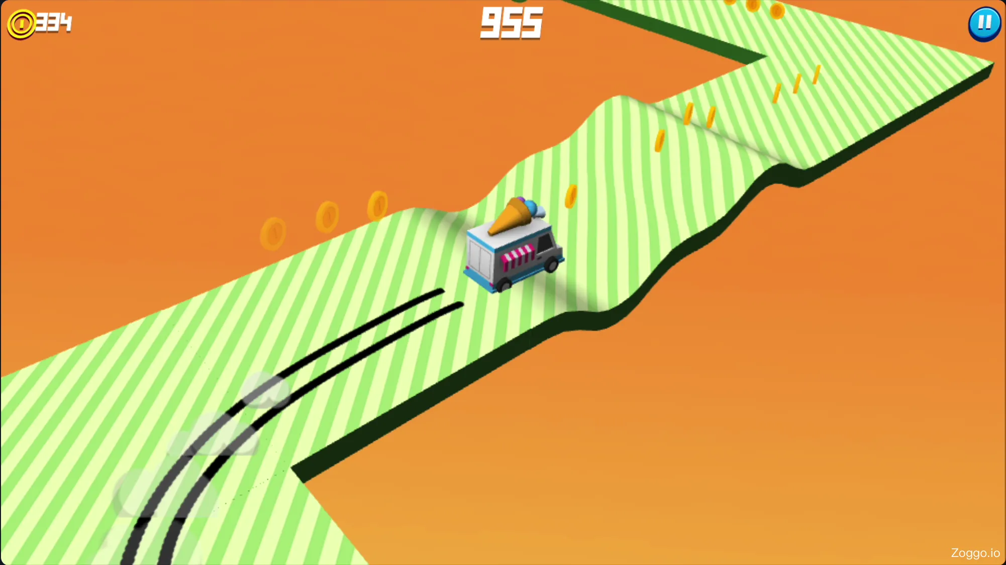 Drift Boss gameplay demonstrating the Coin Rush booster flooding the track with extra coins