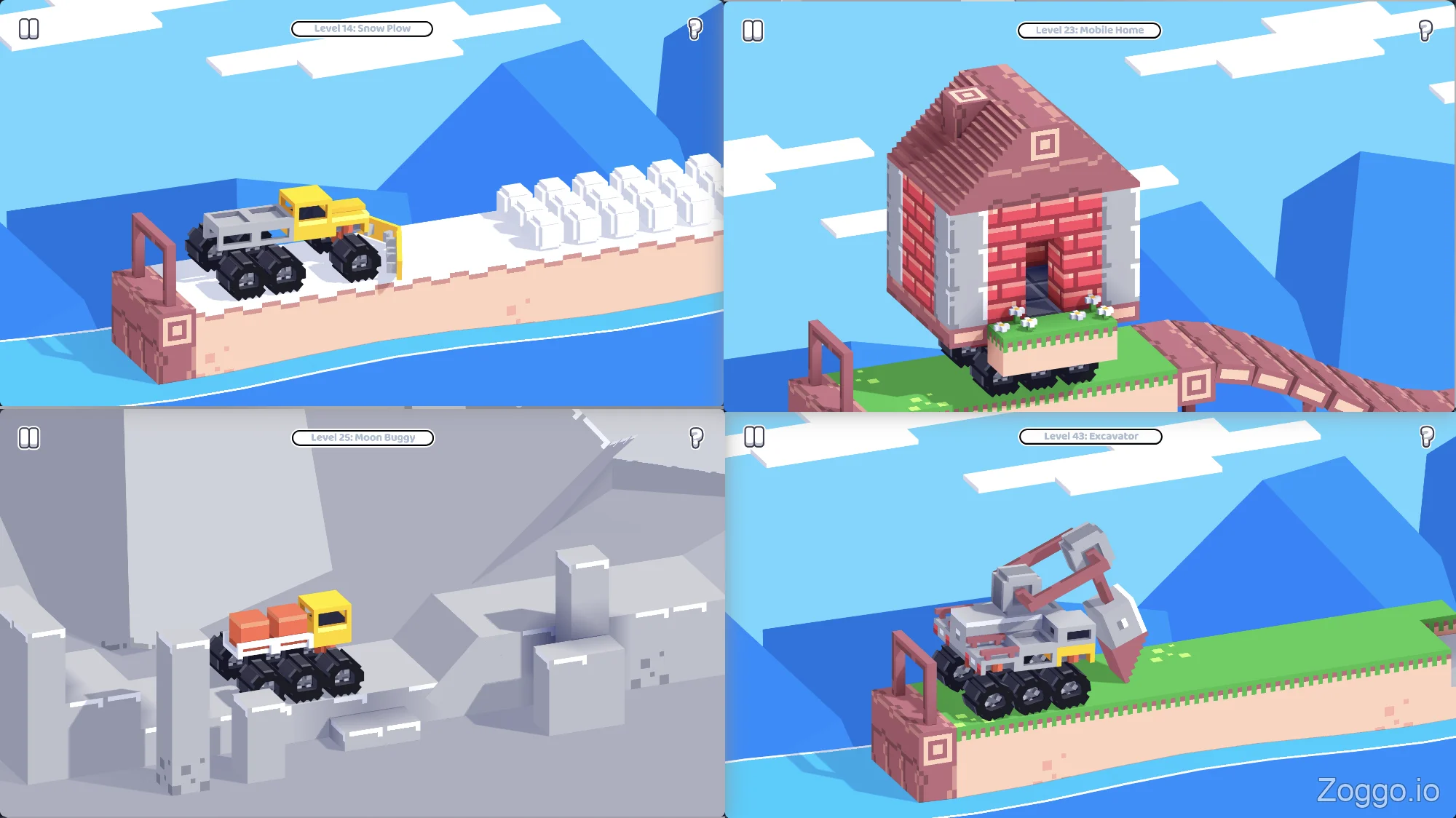 Collage showing diverse Drive Mad levels including snow, moon gravity, motorhome, and excavator