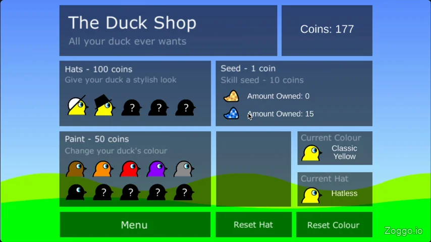 Shop screen showing regular seeds (1 coin), blue Skill Seeds (10 coins), and unlockable hats and colors