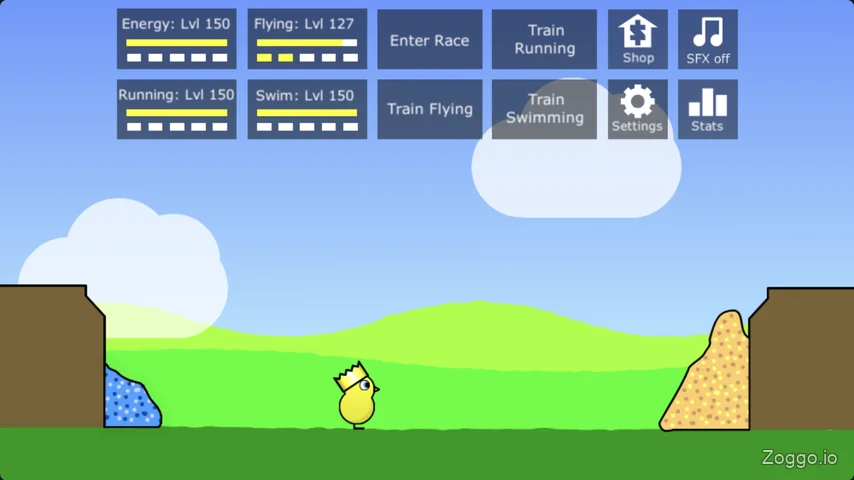 Post-game main screen showing duck with Crown hat, Flying Lv 127, and all other skills at Lv 150