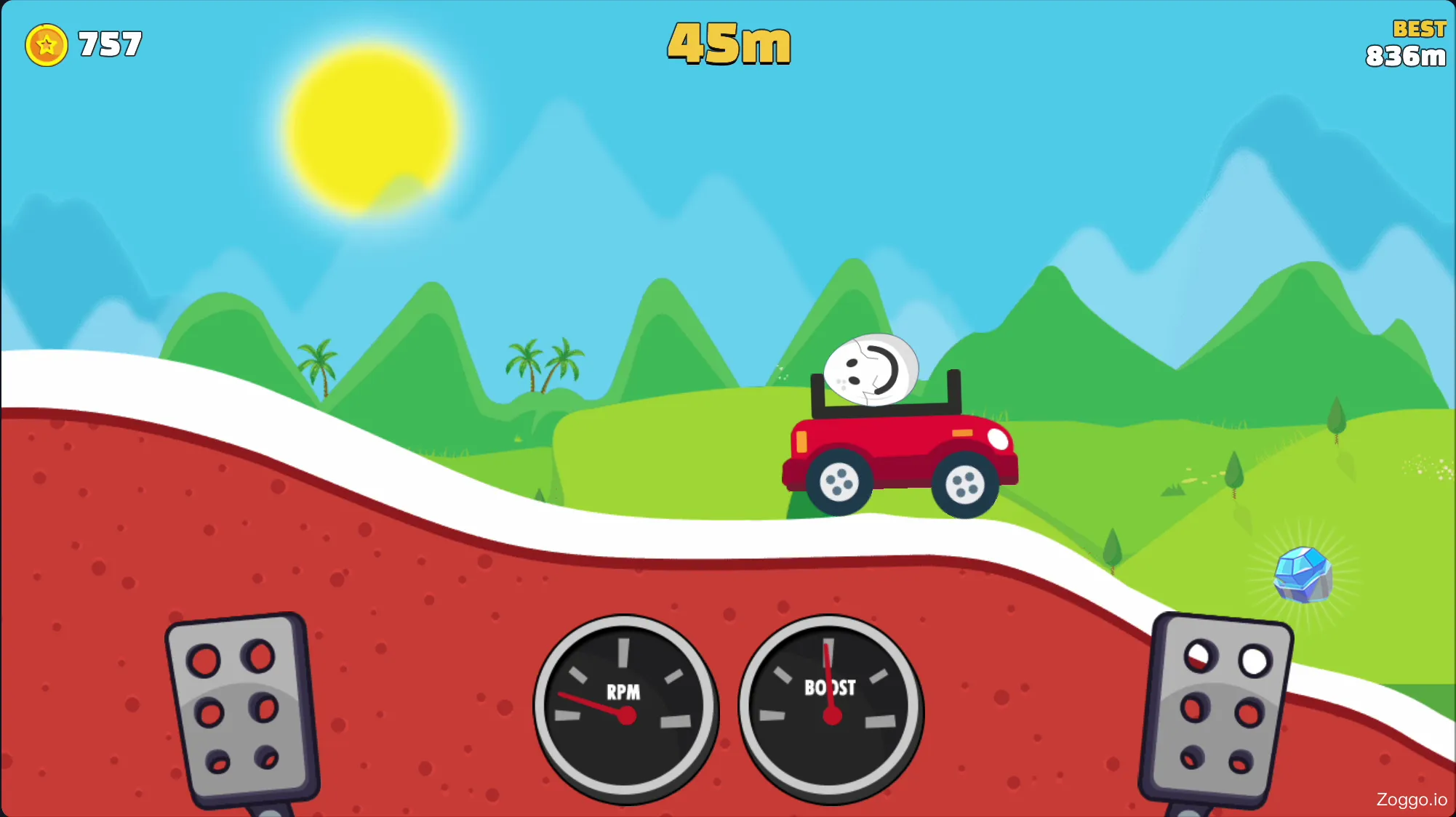 Using the Freeze power-up in Eggy Car to safely lock the egg in place and drive at max speed