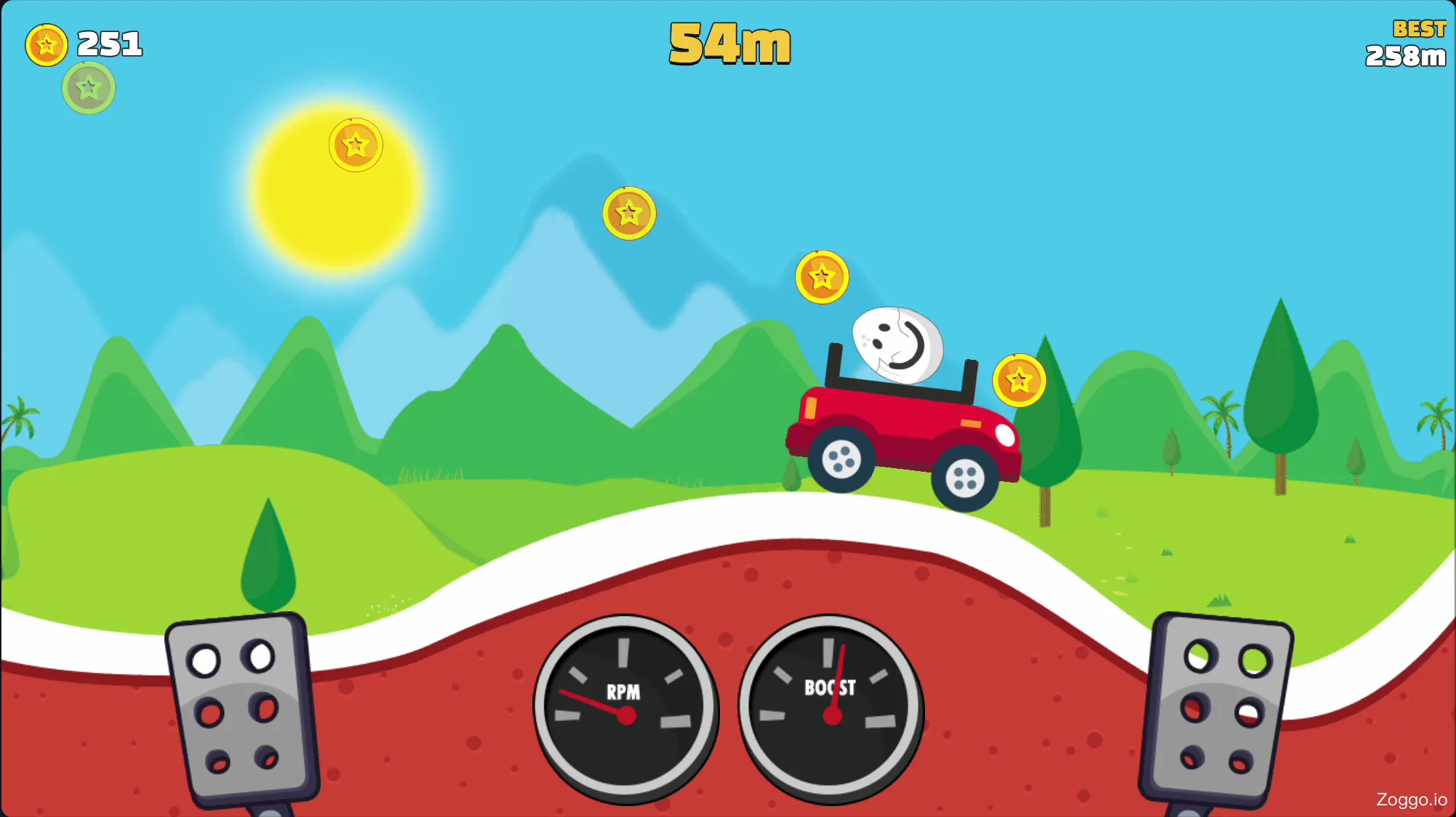 Eggy Car balancing physics gameplay showing a car driving carefully to keep the egg safe on a steep hill