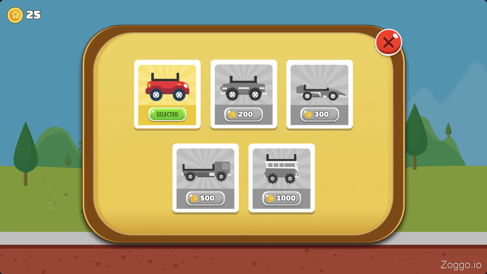 Eggy Car in-game garage screen showcasing unlockable vehicles and their coin prices