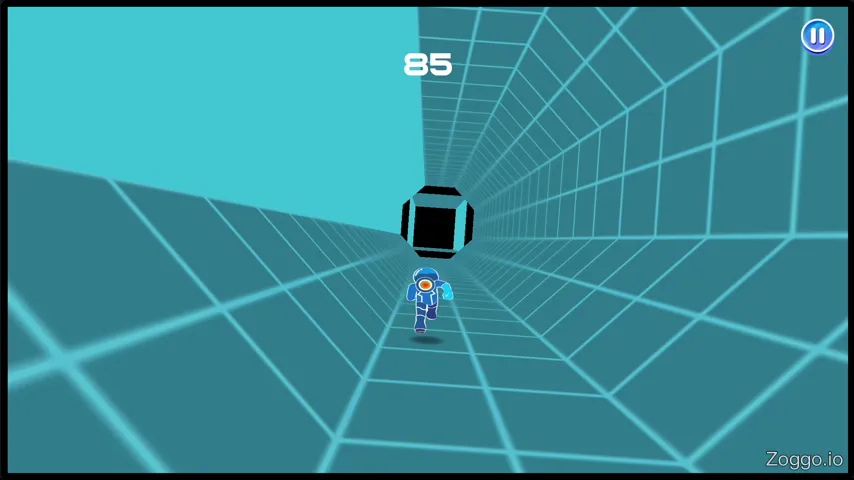 A player triggers crumbling light-blue tiles in Electron Dash, creating a domino effect before jumping to safety.