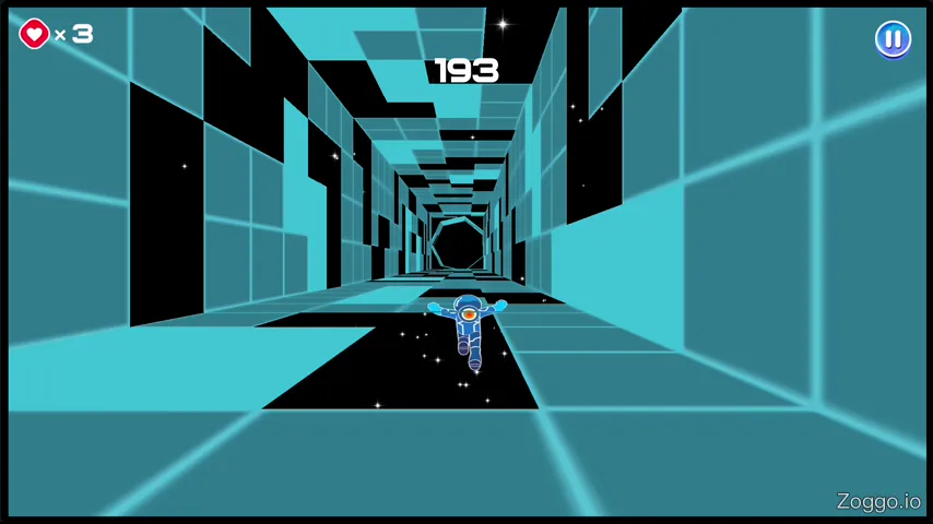 Respawn phase in Electron Dash showing the hexagonal shield, temporary flight corridor, and remaining extra lives HUD.