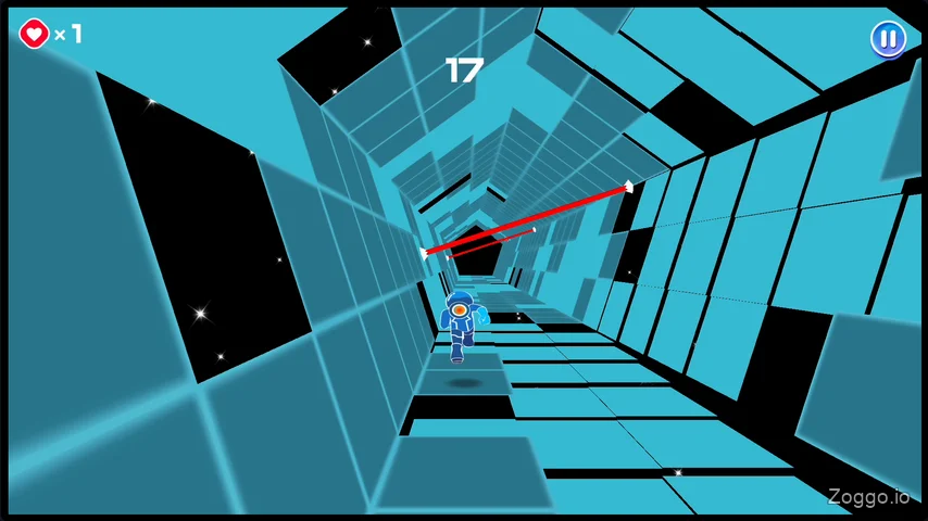 Visual contrast of safe dark blue tiles, crumbling light-blue platforms, and red lasers in Electron Dash.