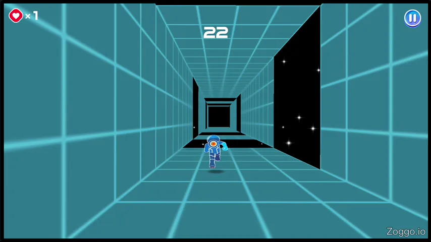 Rotating the 3D space tunnel in Electron Dash to turn walls into floors and avoid falling into the void.