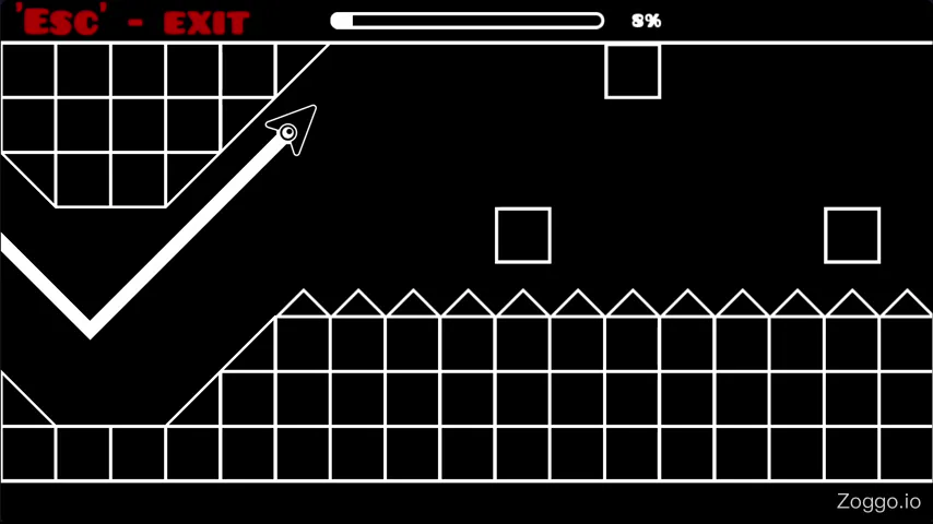 Geometry Arrow gameplay screenshot showing a wave-shaped path guiding rhythmic hold-and-release arrow movement through the cave