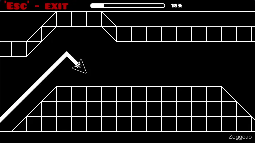 Geometry Arrow screenshot demonstrating the zigzag tapping technique for navigating a narrow straight corridor safely