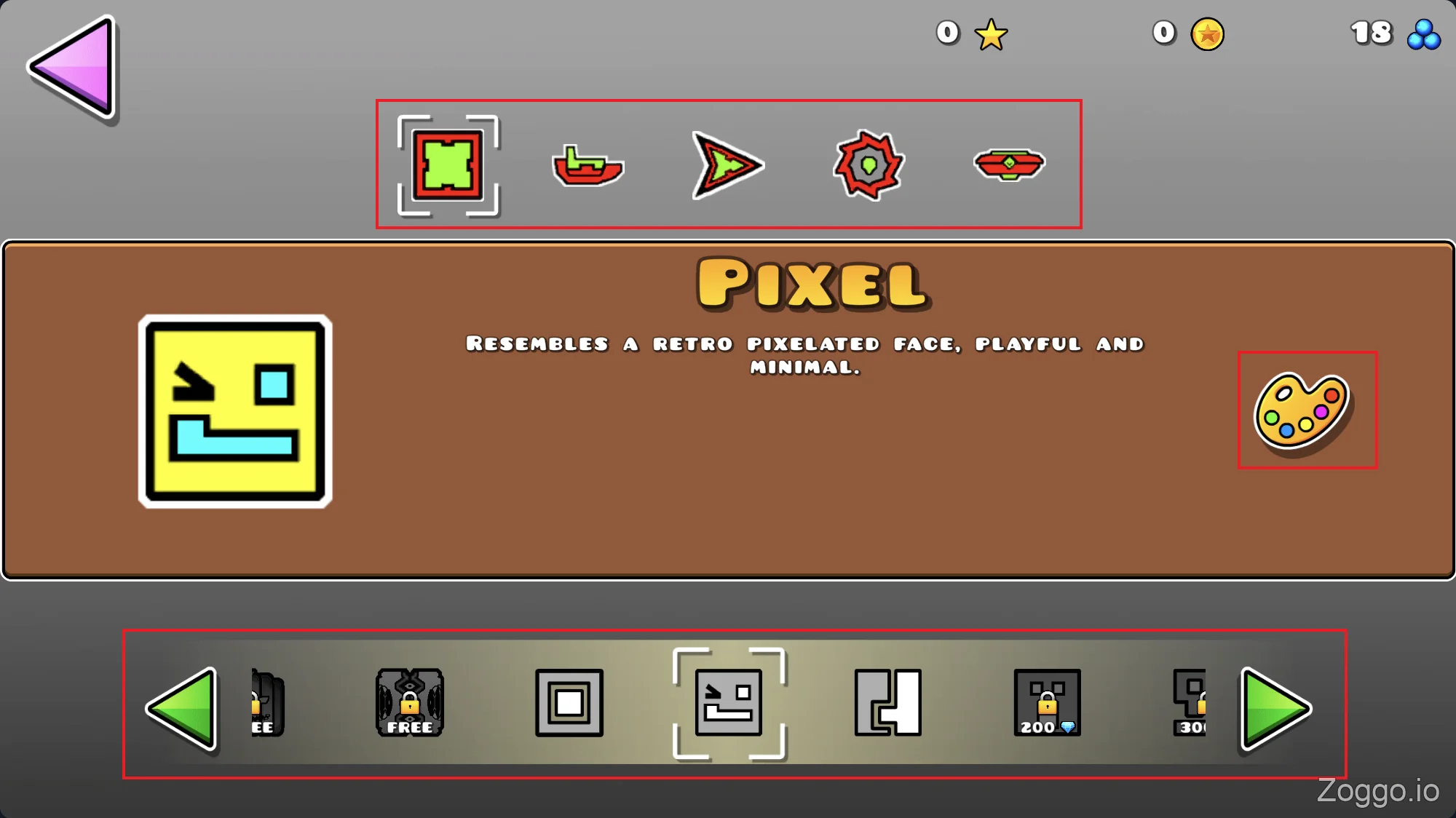 Geometry Dash icon customization menu showing various cubes, ships, and color options