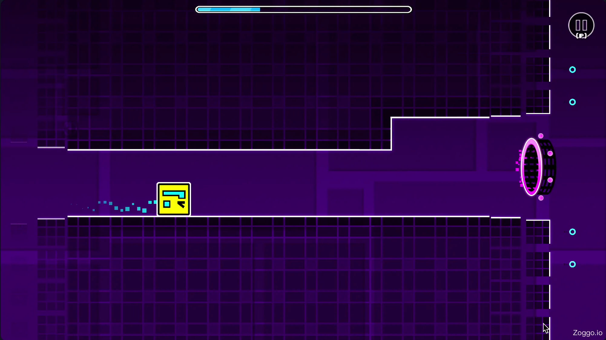 Geometry Dash gameplay showing smooth portal transitions between cube, ship, and other game modes