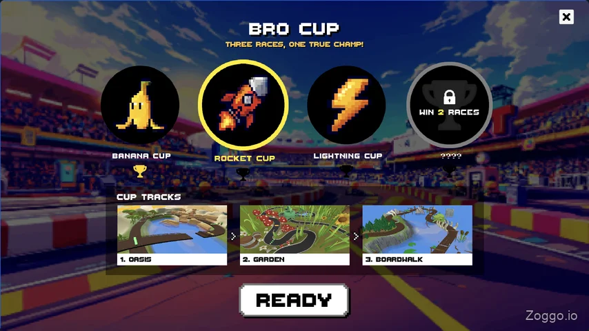 Bro Cup tournament selection screen in Kart Bros showcasing unlocked Banana and Rocket Cups
