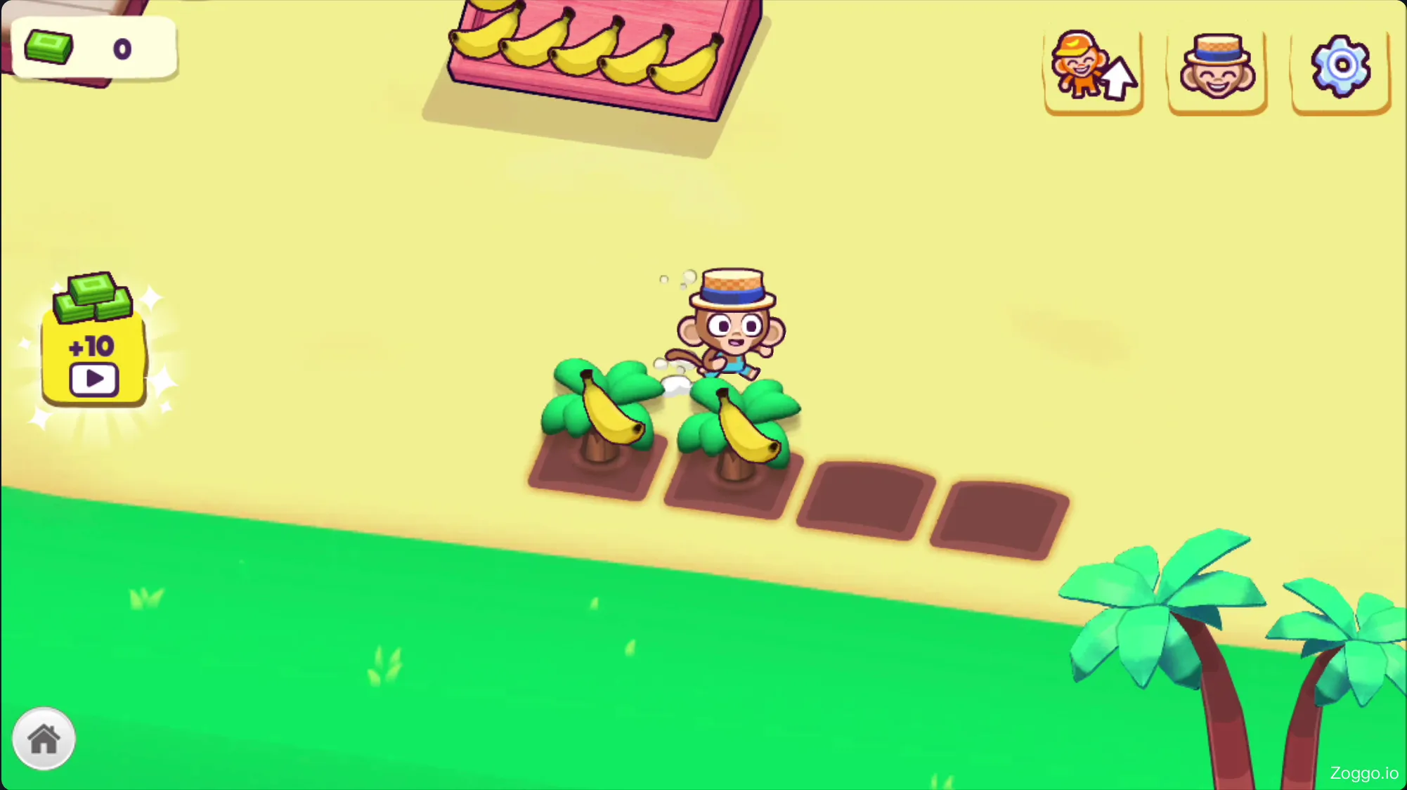 Monkey Mart gameplay showing a monkey harvesting bananas and stocking supermarket shelves