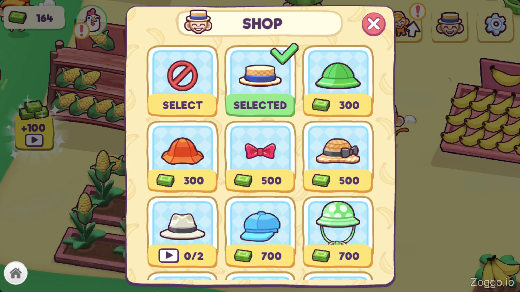 Monkey Mart in-game shop featuring various cosmetic hats and accessories for your character