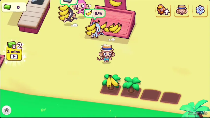 Player monkey automatically harvesting bananas and stocking shelves through proximity
