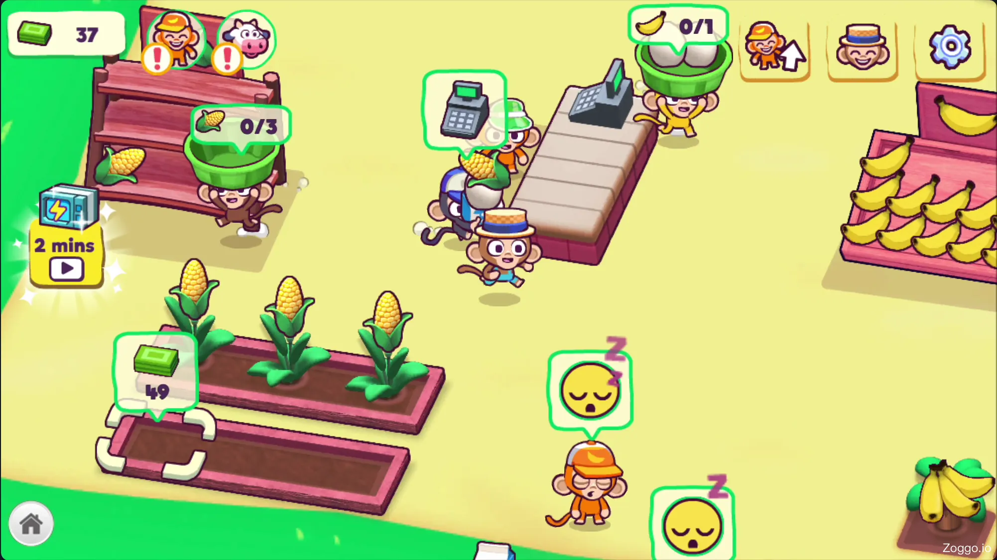 Player waking up a sleeping monkey worker in Monkey Mart to keep the store running