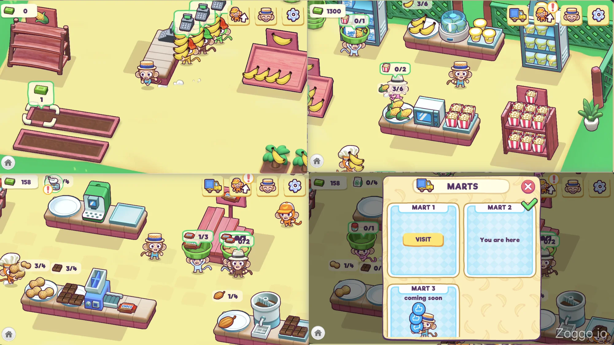 Monkey Mart store progression from a small banana stand to a huge advanced supermarket