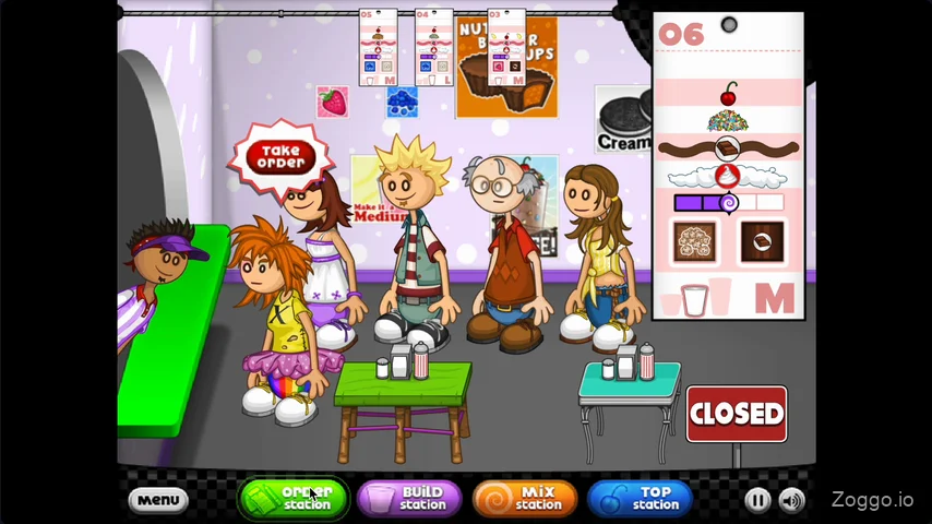Busy order rush with 3–4 waiting customers and a full ticket line in Papa's Freezeria