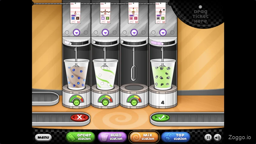 Three blenders running simultaneously at the Mix Station, with order tickets above matching each machine's number