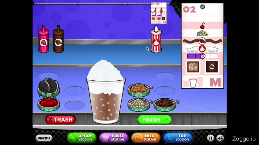Smoothly piping whipped cream, drizzling chocolate sauce, and topping with a cherry at Papa's Freezeria's Top Station