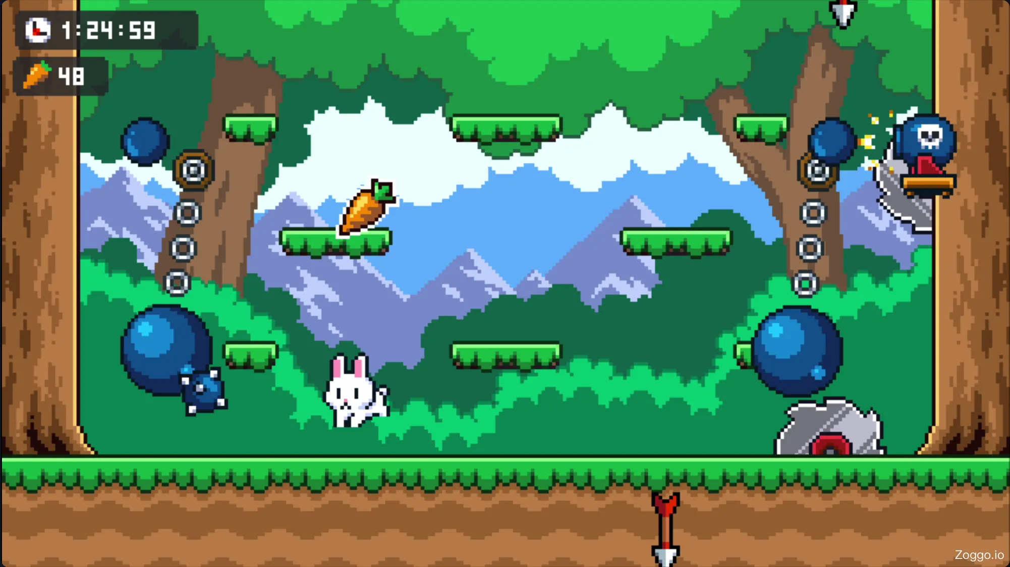 Various deadly traps like spinning saws, arrows, and wrecking balls in Poor Bunny