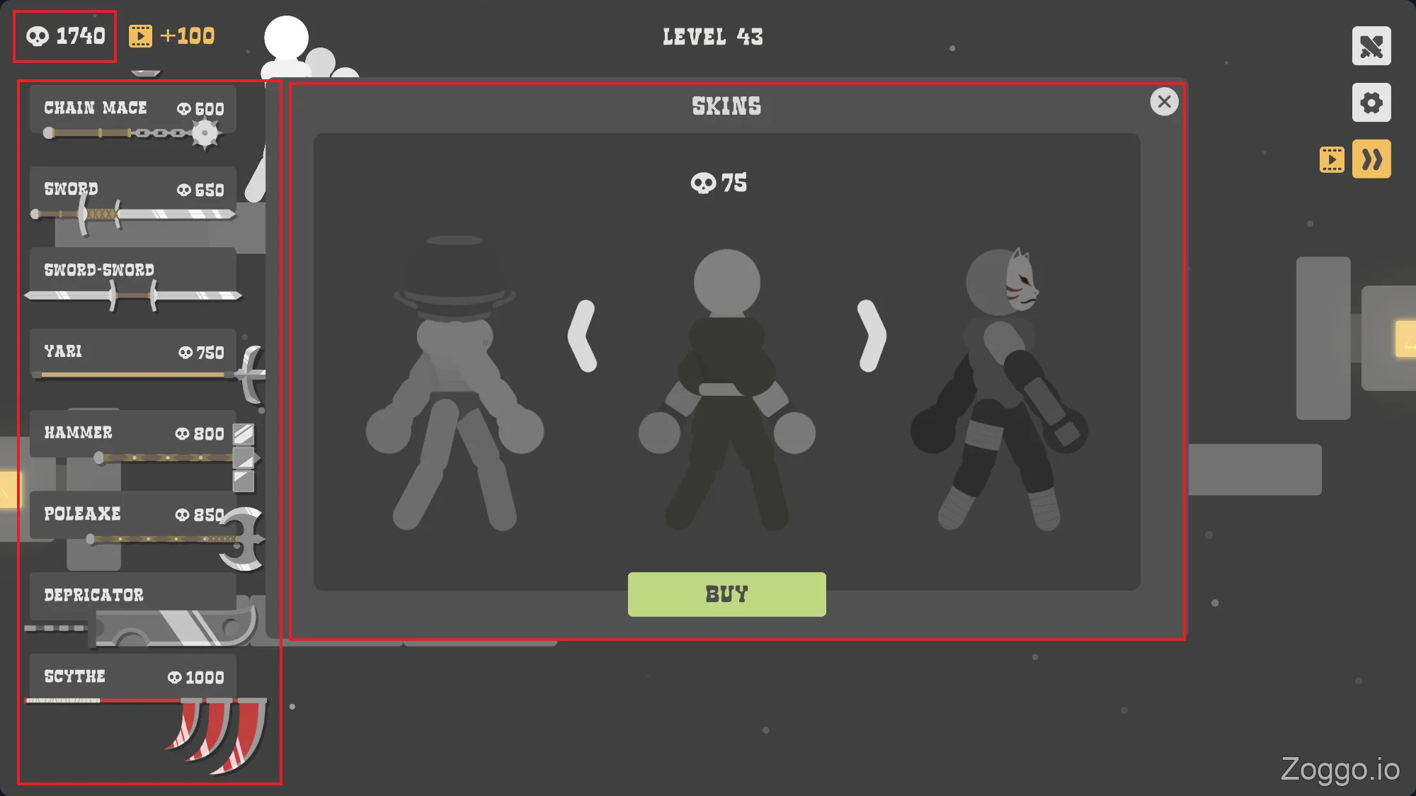 Unlockable weapons and creative character skins in the Ragdoll Hit shop