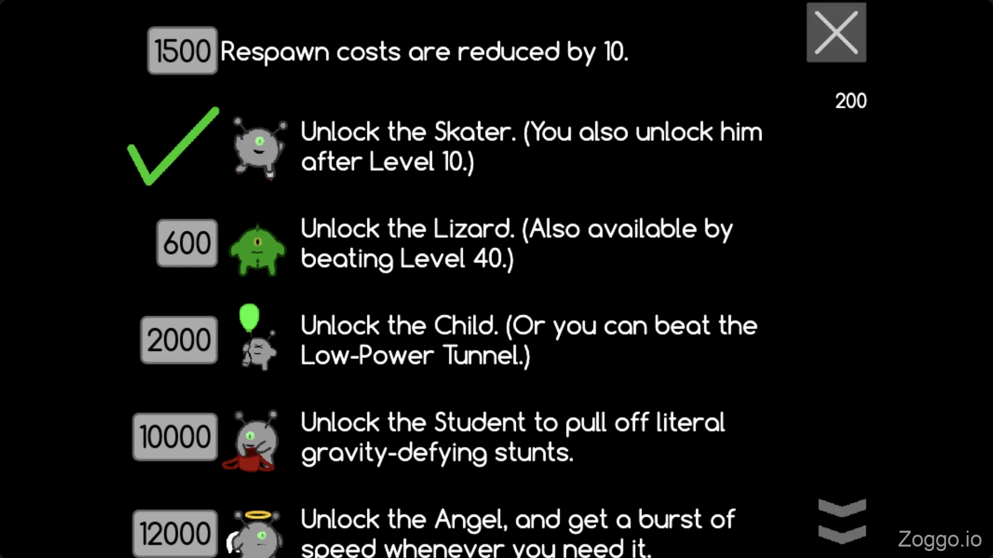 The character unlock shop in Run 3 displaying different playable aliens and Power Cells