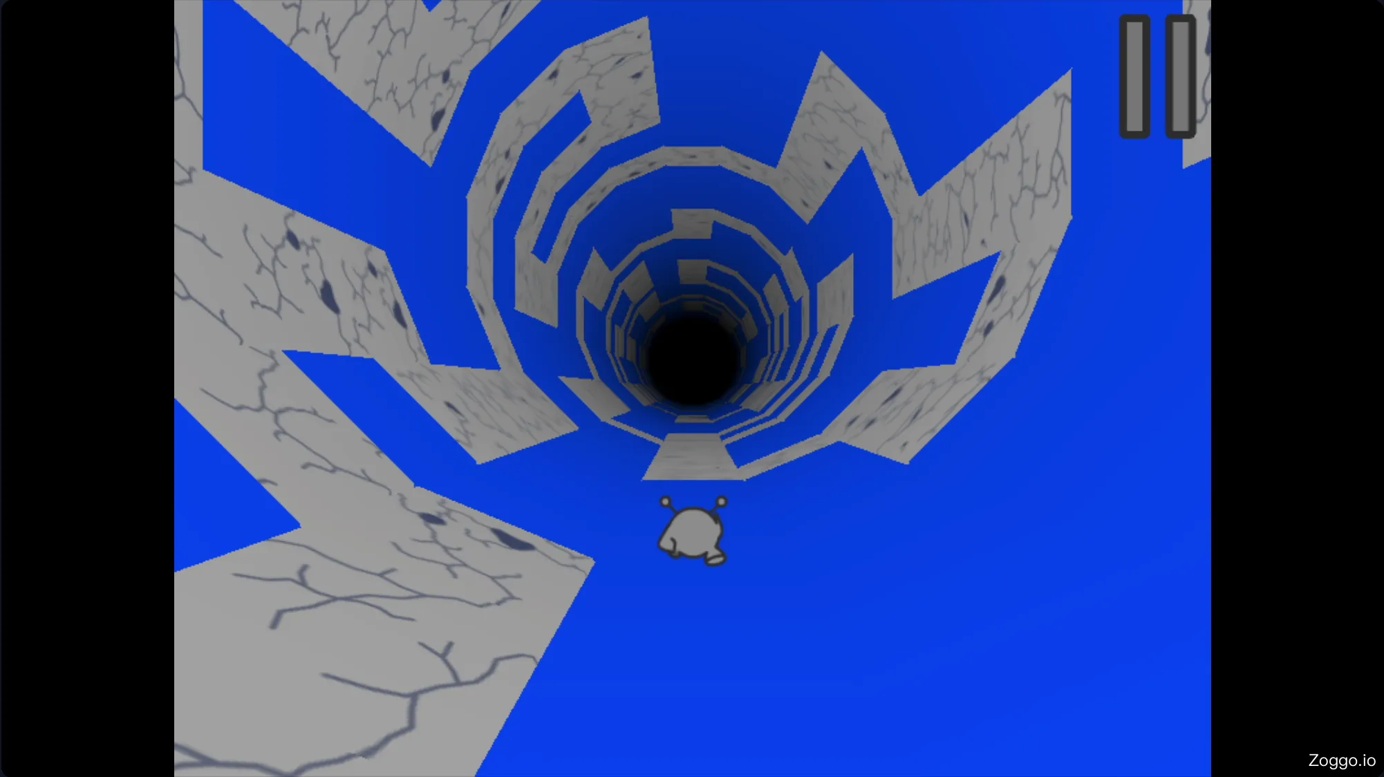 A player jumping across dangerous crumbling tiles in Run 3 to survive the endless space tunnel