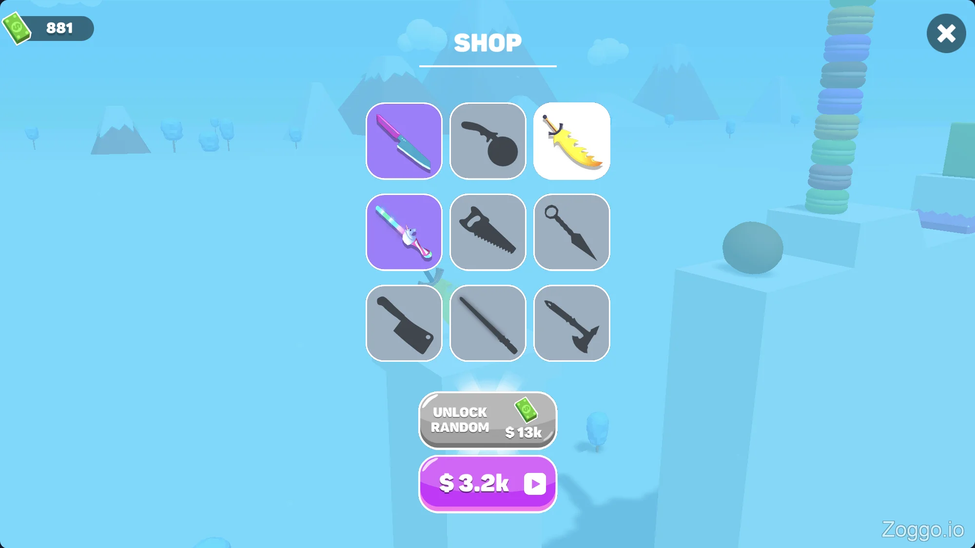 Slice Master in-game shop menu displaying various unlockable knife skins and their coin prices