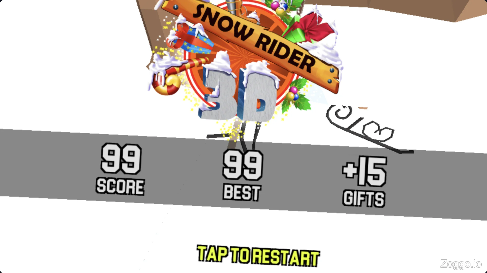 Game over screen in Snow Rider 3D displaying the player's high score, distance traveled, and gifts collected