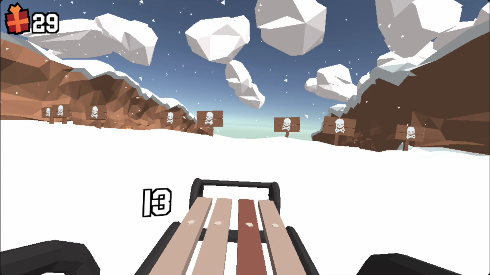 A sled jumping over a steep drop and dodging obstacles in the snowy environment of Snow Rider 3D