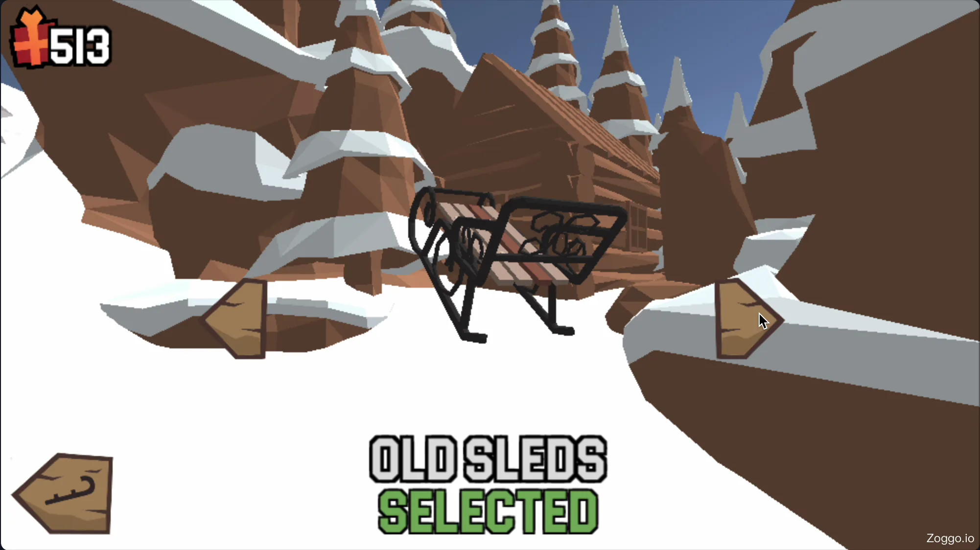 The in-game shop menu in Snow Rider 3D where players can unlock new sled designs using collected gifts