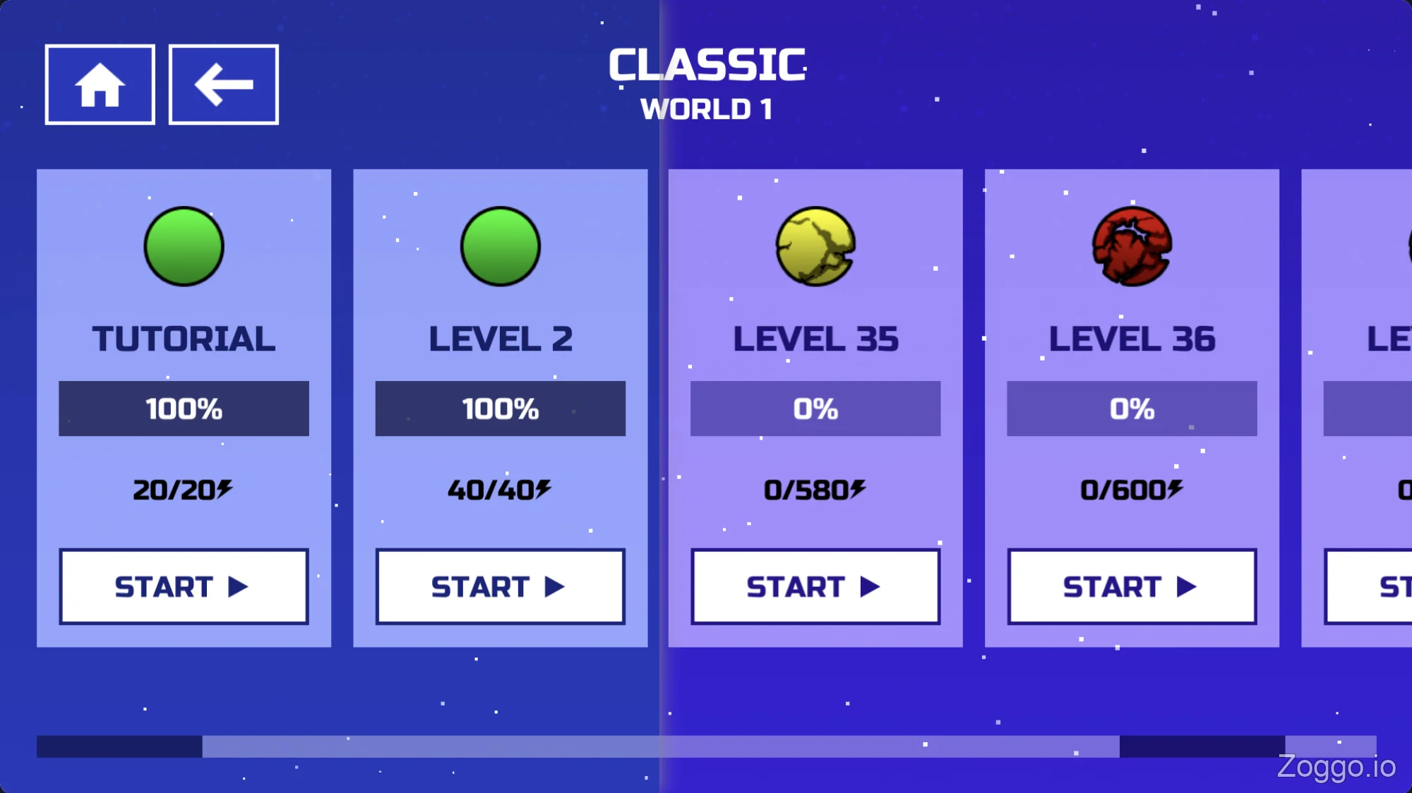Space Waves game level selection menu showing color-coded difficulties