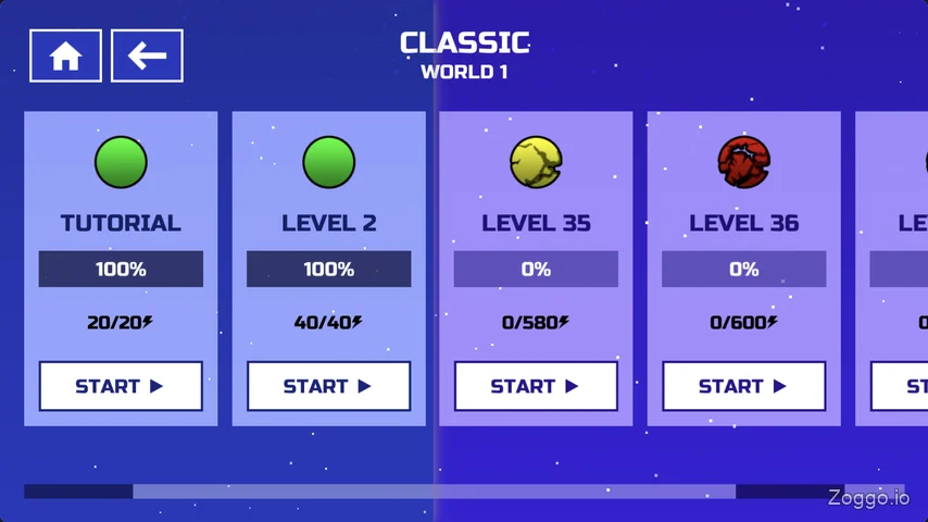 Space Waves level selection screen displaying different difficulty levels with green and red icons
