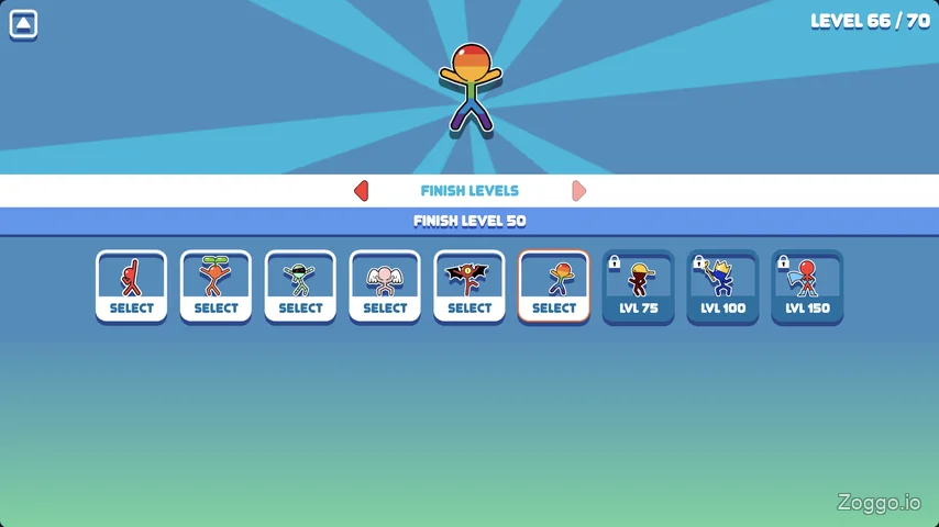 Stickman Hook unlockable character skins milestone unlock screen