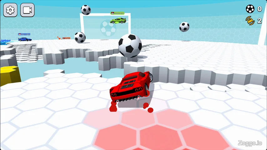 Players competing in the chaotic Autoball Mode of Survival Race with giant footballs and collapsing ground
