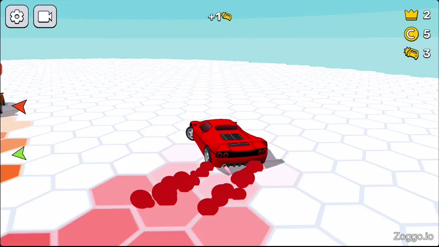 A car driving across a collapsing hexagonal arena in Survival Race as tiles crumble behind it