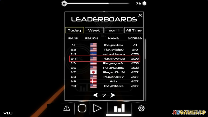 Tap Road global leaderboard screen showing a personal best score of 209 ranking 64th on the daily leaderboard