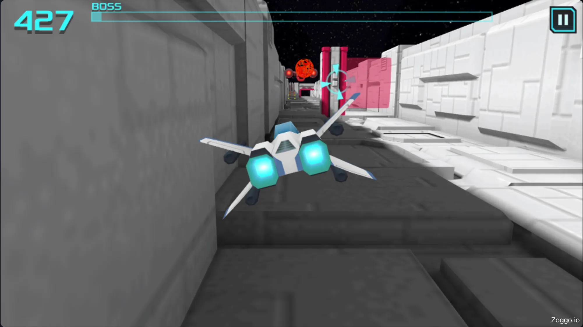 Dodging fireballs and defeating the boss ship in X Trench Run